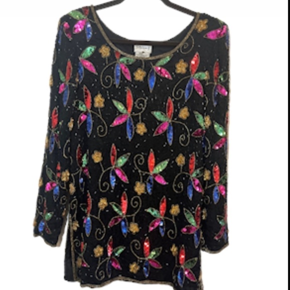 Stenay Top Wome S Black Sequin Floral Vintage Artsy Boho Western Fancy Beaded - Picture 1 of 13